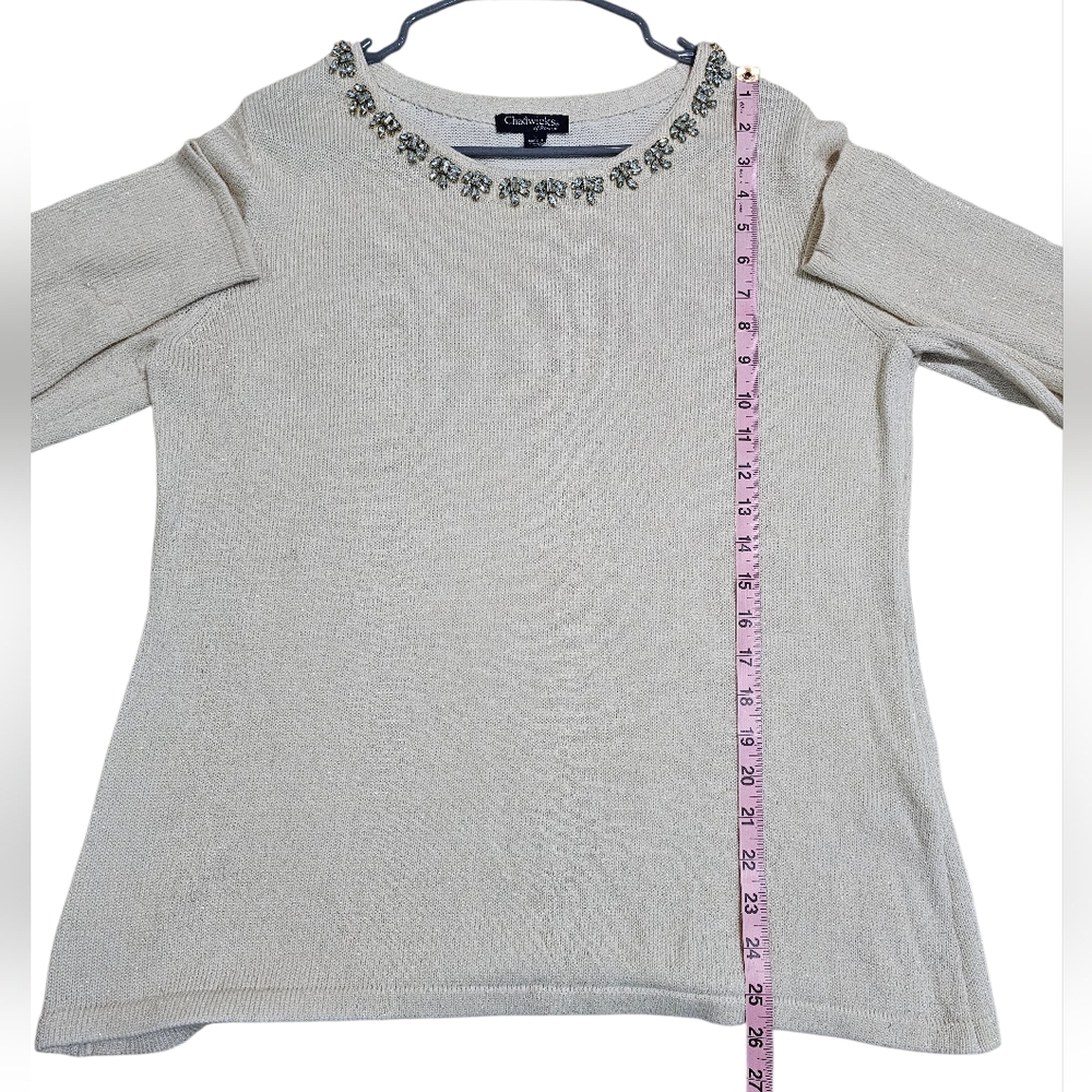 Chadwicks Beaded Neckline Metallic Knit Sweater Gold Shimmer Womens L Luxury 90s - Picture 6 of 7
